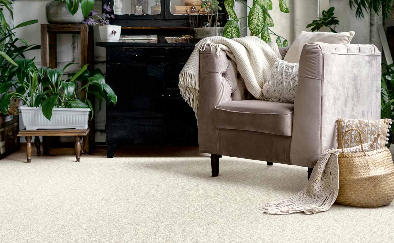 Living room with brown chair, plants, and dresser with beige carpet
