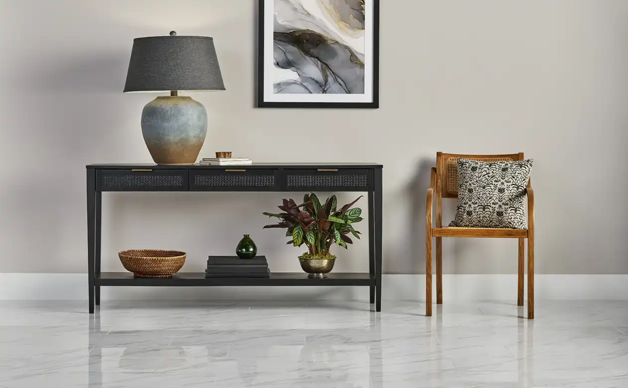 White marble floor with teak chair, grey wall 