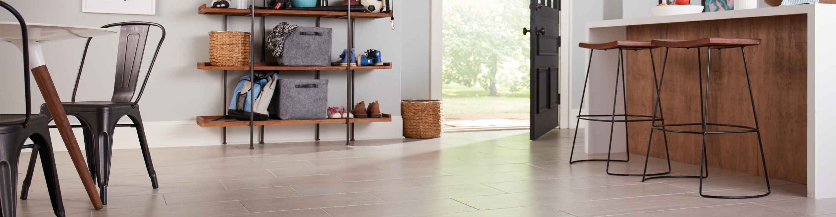 Pale beige traditional ceramic tile in casual white kitchen 