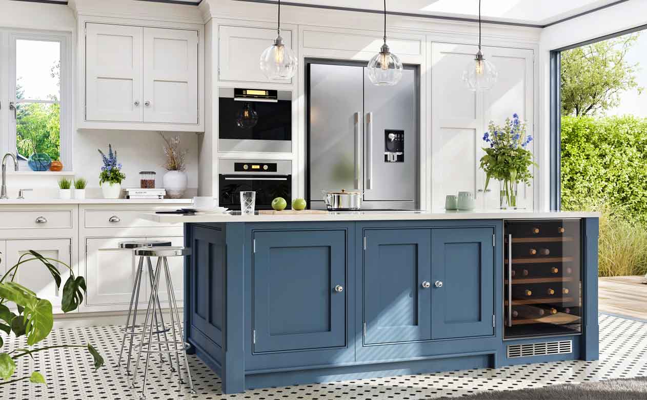 kitchen with blue cabinets